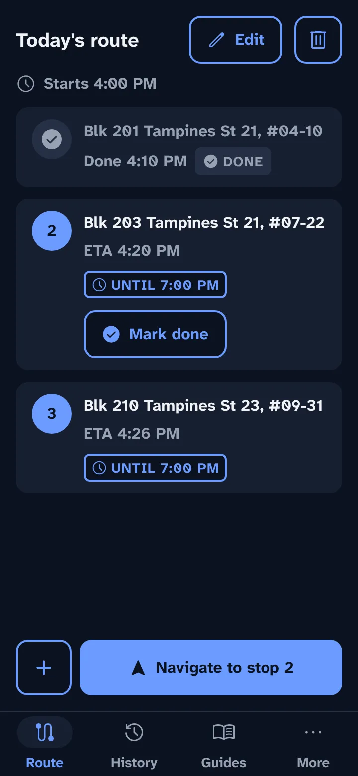 Today's route mid-wave: stop 1 done, the rest with ETAs and Until badges, and the plus button beside Navigate.