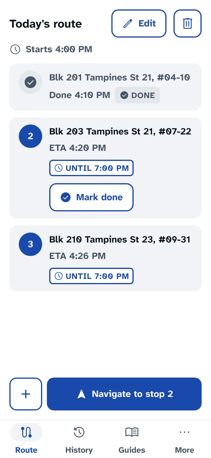 Today's route mid-wave: stop 1 done, the rest with ETAs and Until badges, and the plus button beside Navigate.
