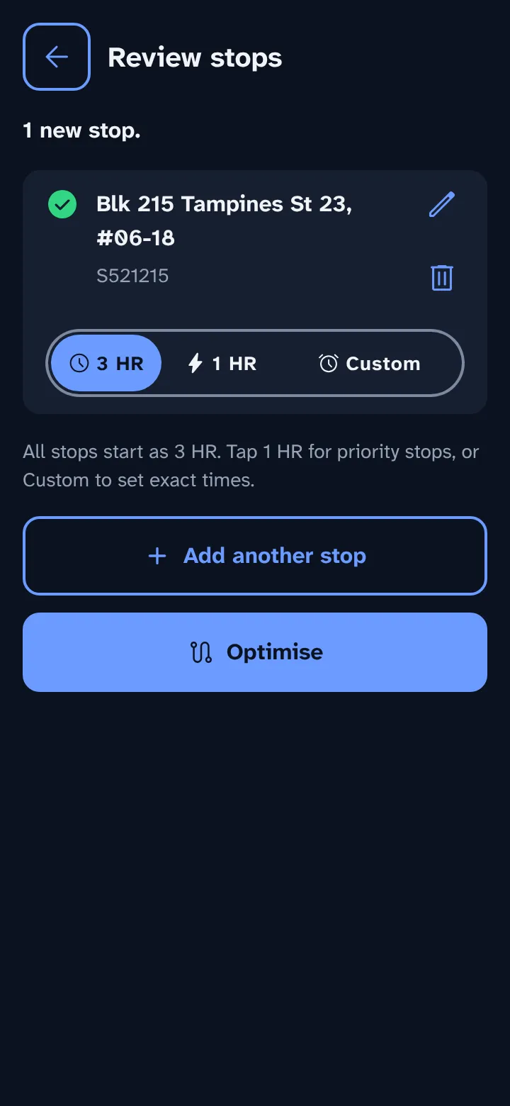 Review stops: 1 new stop with a 3 HR, 1 HR and Custom switch, an Add another stop button and Optimise.