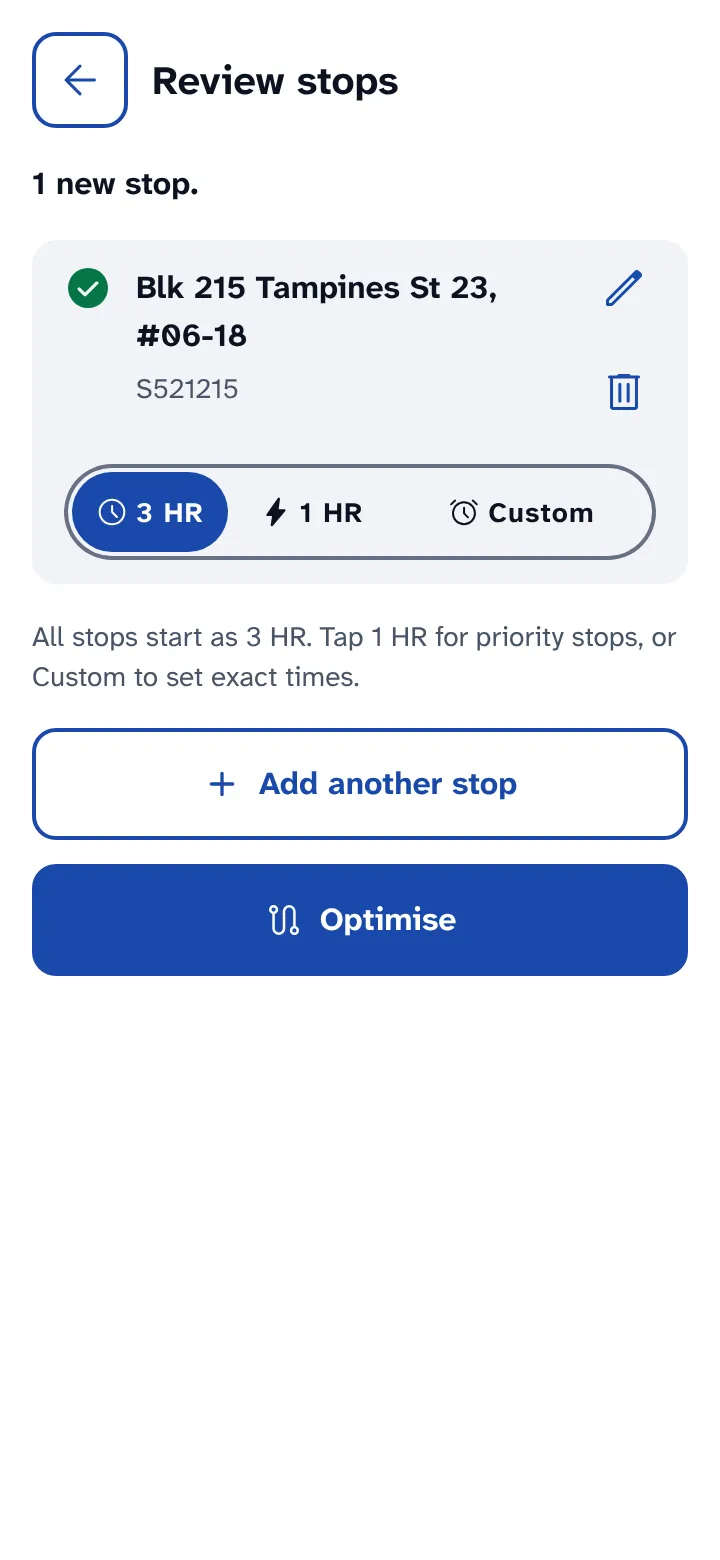 Review stops: 1 new stop with a 3 HR, 1 HR and Custom switch, an Add another stop button and Optimise.