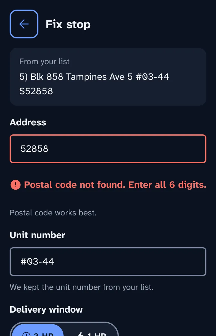 Fix stop screen: the line from the list, the postal code 52858 marked as not found, and the unit number kept.