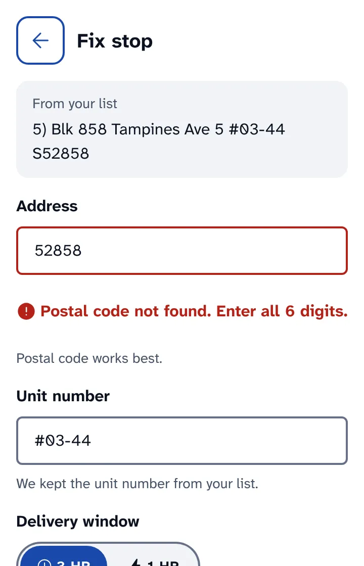 Fix stop screen: the line from the list, the postal code 52858 marked as not found, and the unit number kept.