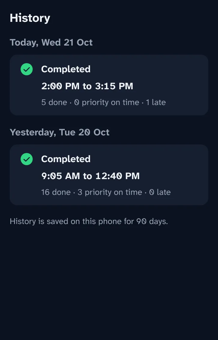 History: today and yesterday, each with a completed route, its times and counts.