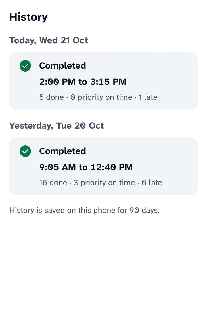 History: today and yesterday, each with a completed route, its times and counts.