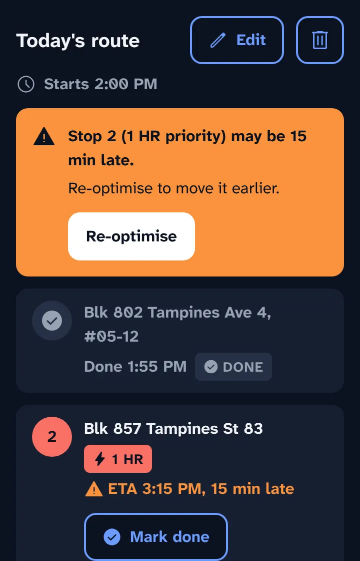 Orange banner: Stop 2 (1 HR priority) may be 15 min late, with a Re-optimise button.