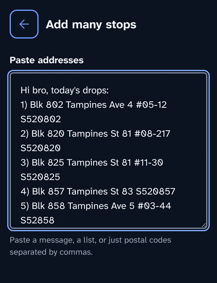 Add many stops screen with a WhatsApp message of five numbered addresses pasted in.