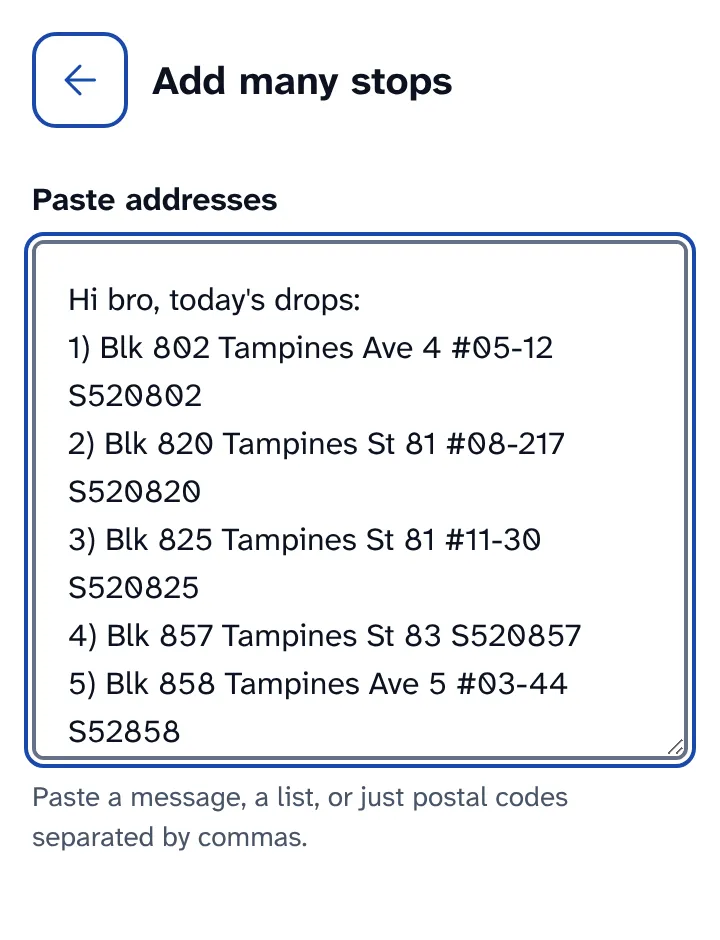 Add many stops screen with a WhatsApp message of five numbered addresses pasted in.