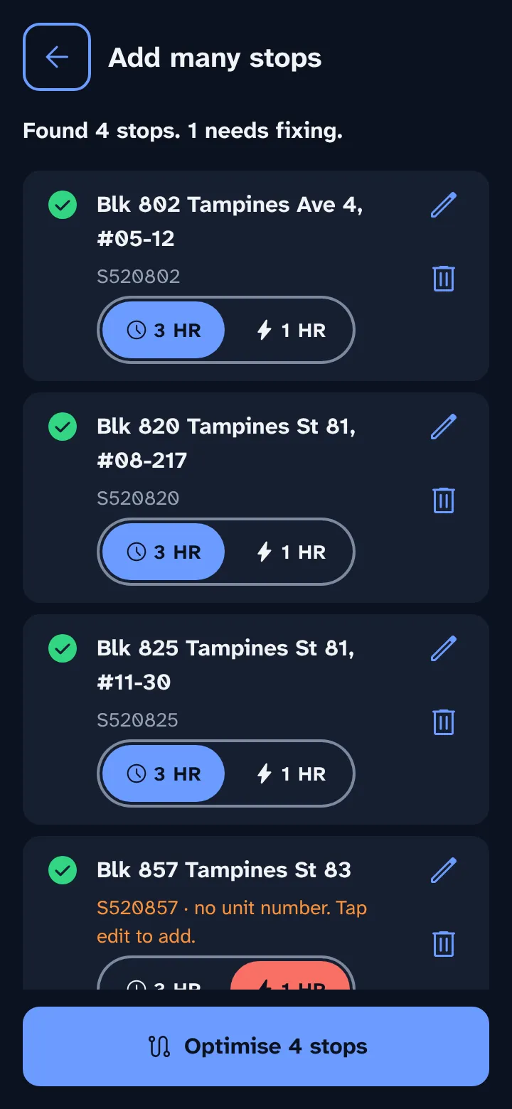 Review list: four stops found, each with a 3 HR and 1 HR switch, and one postal code that needs fixing.