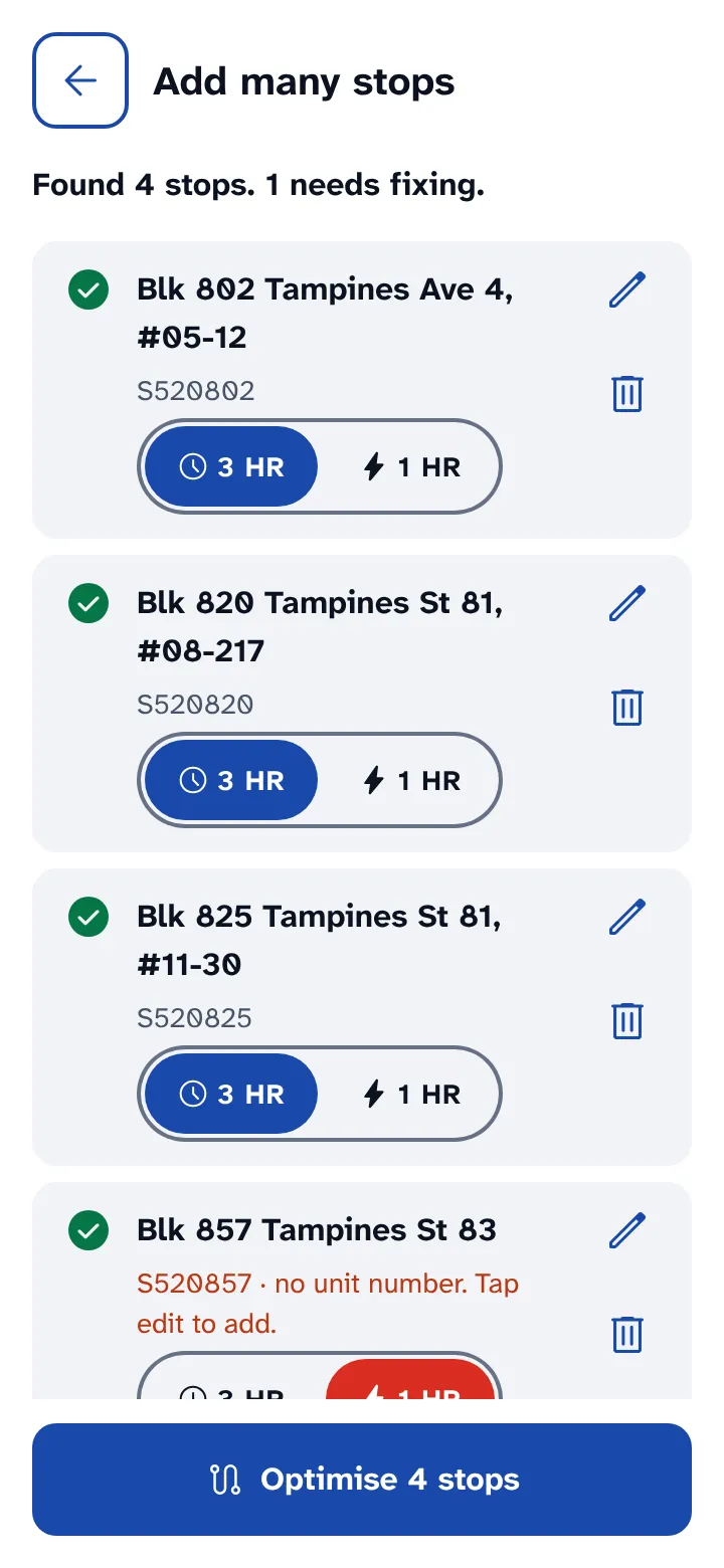 Review list: four stops found, each with a 3 HR and 1 HR switch, and one postal code that needs fixing.