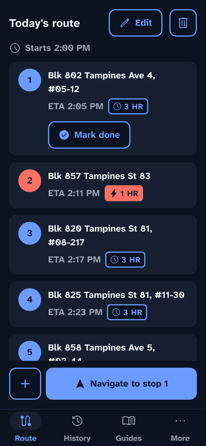 Today's route: five stops in order, each with an ETA and window badge, and Navigate to stop 1 at the bottom.