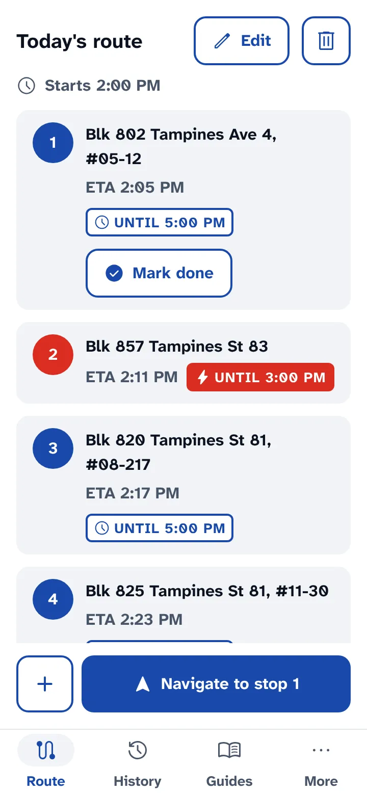 Today's route: five stops in order, each with an ETA and window badge, and Navigate to stop 1 at the bottom.