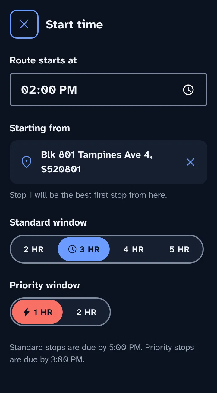 Start time screen: route starts at 2:00 PM from Blk 801 Tampines Ave 4, 3 HR standard and 1 HR priority windows.