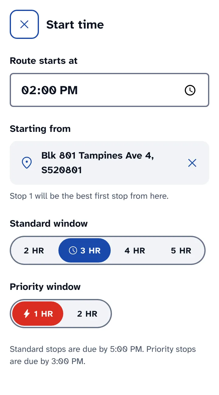 Start time screen: route starts at 2:00 PM from Blk 801 Tampines Ave 4, 3 HR standard and 1 HR priority windows.